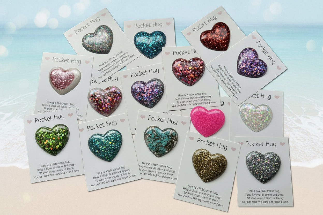 "Handmade sparkly resin heart pocket hug, thoughtful Australian-made gift with message card"