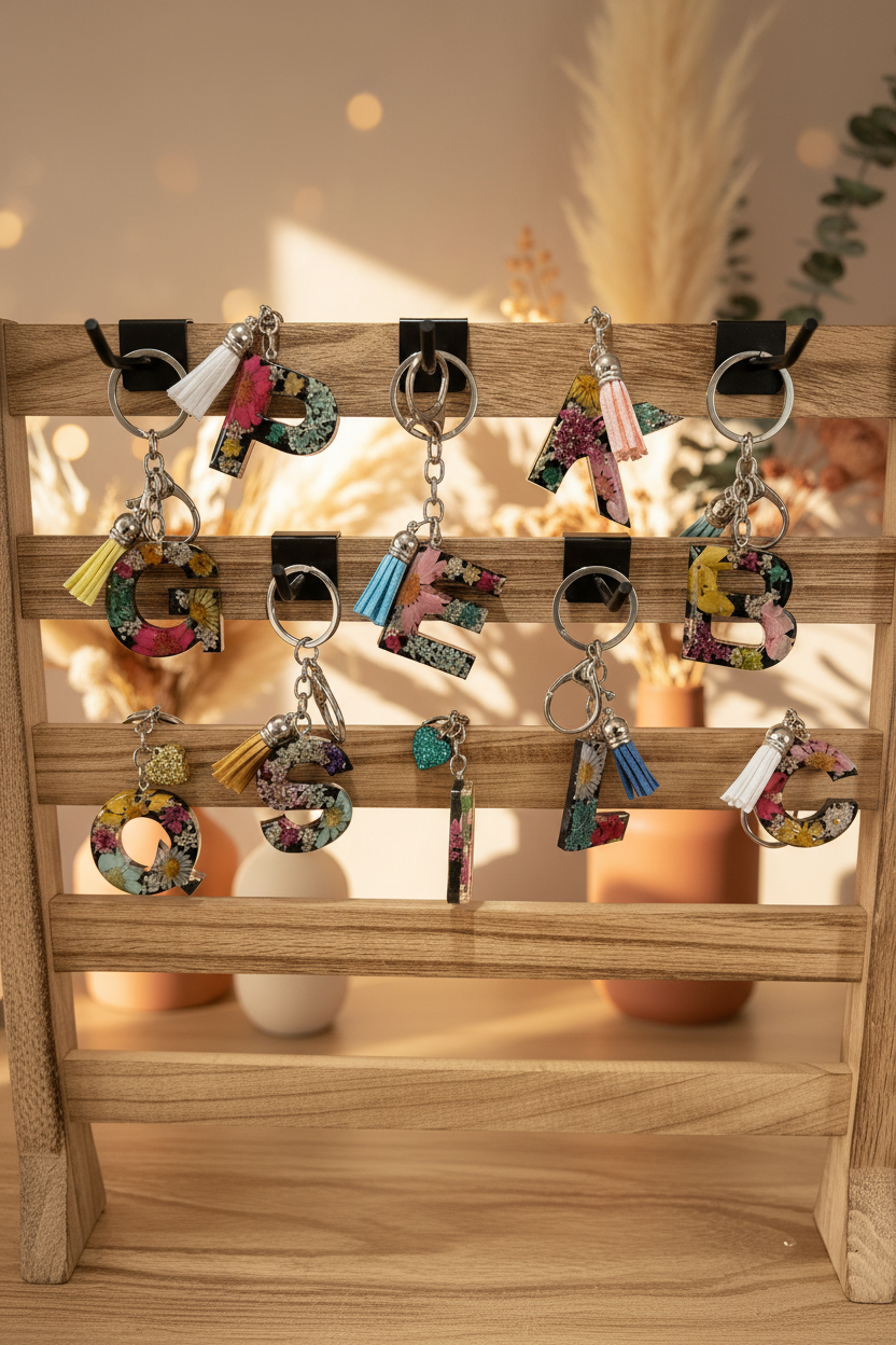 "Handmade resin letter keyring with real pressed flowers, personalised Australian-made gift"