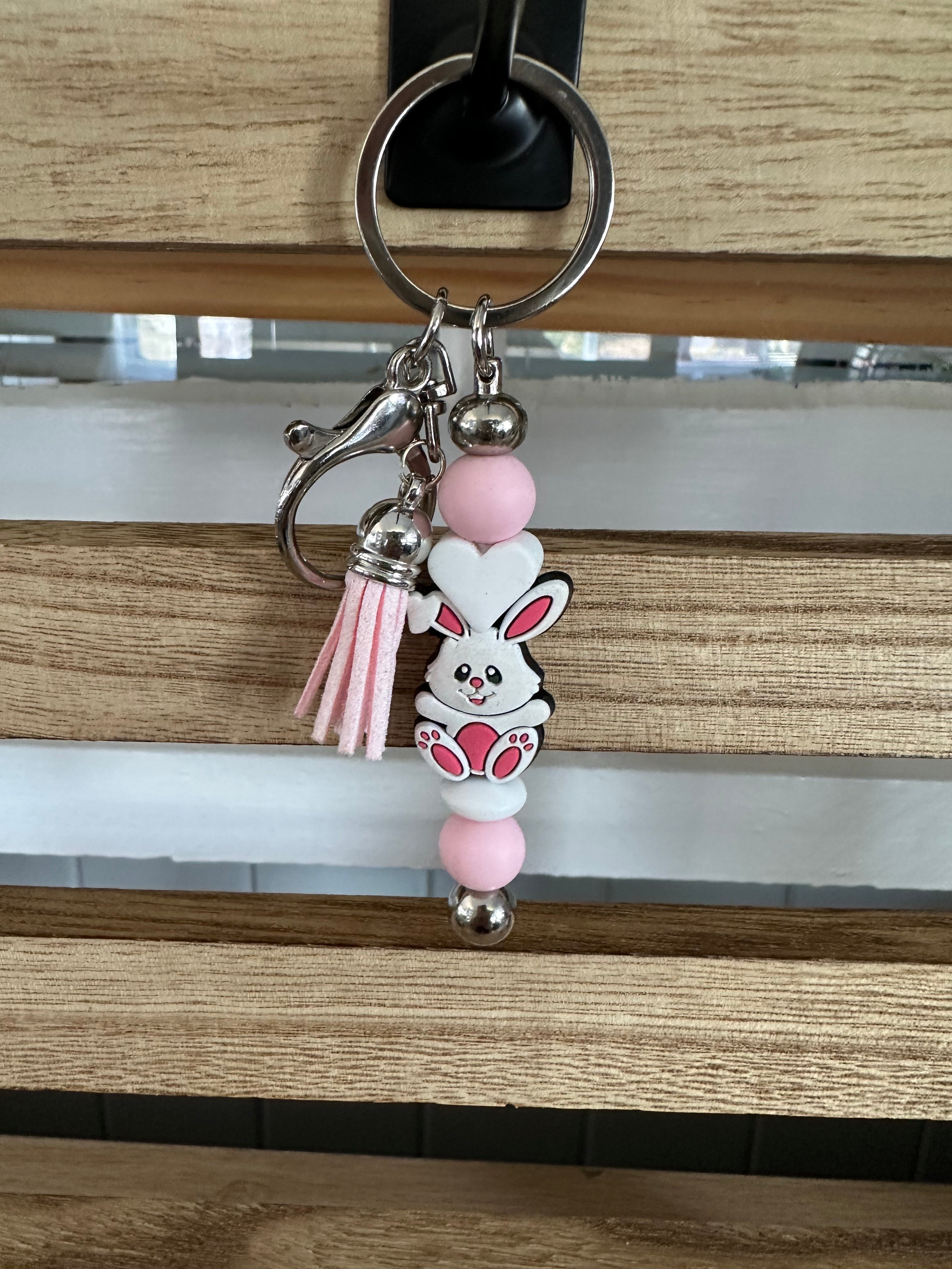 Easter Rabbit Beaded Metal Keyring