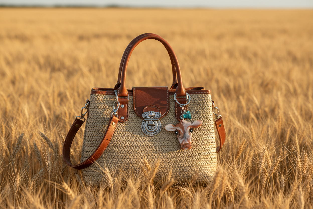 Cow head keyring on country handbag in wheat field