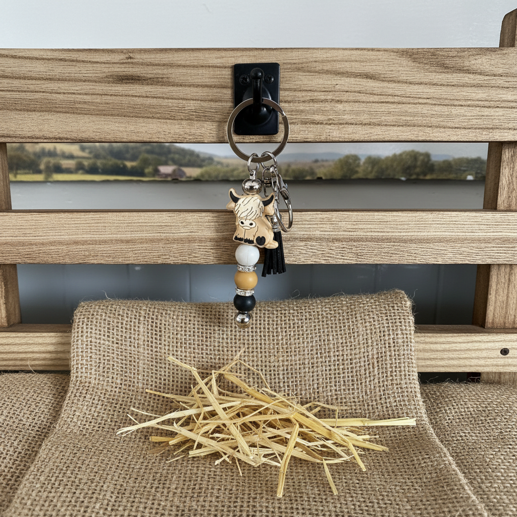 Highland Cow Keyring with Country Background