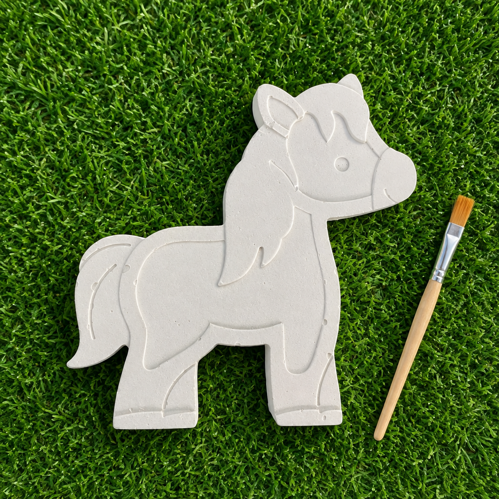 Horse on green grass with a paint brush