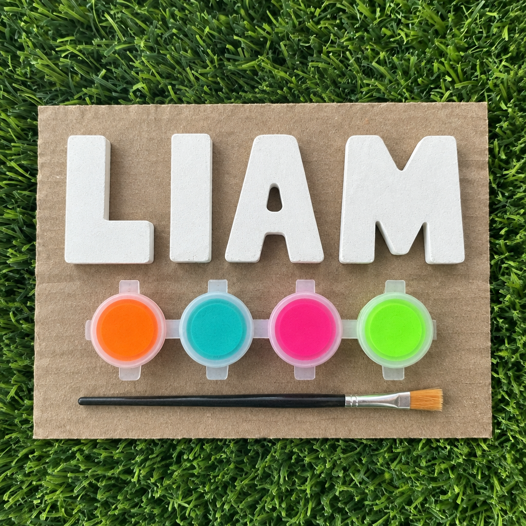 Plaster name kit spelling LIAM with four bright paint pots and a brush