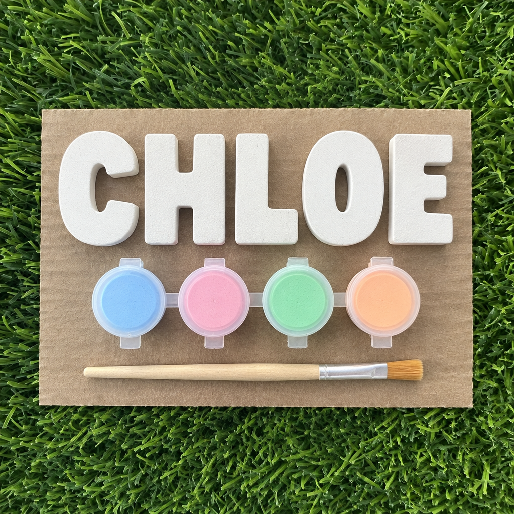 Plaster name kit spelling CHLOE with four pastel paint pots and a brush