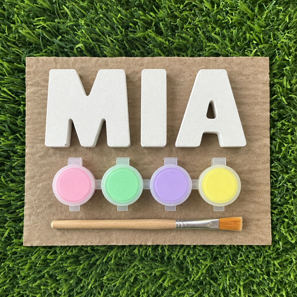 Plaster name kit spelling MIA with four pastel paint pots and a brush