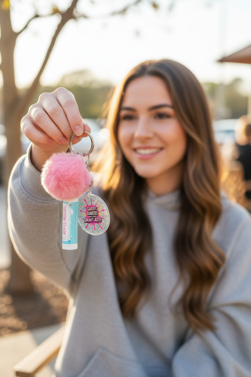 "Handmade lip gloss keyring set with fluffy pom pom and glitter charm, cute gift for teens Australia"