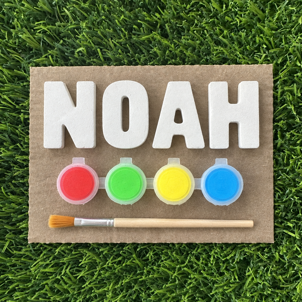 Plaster name kit spelling NOAH with four bright paint pots and a brush