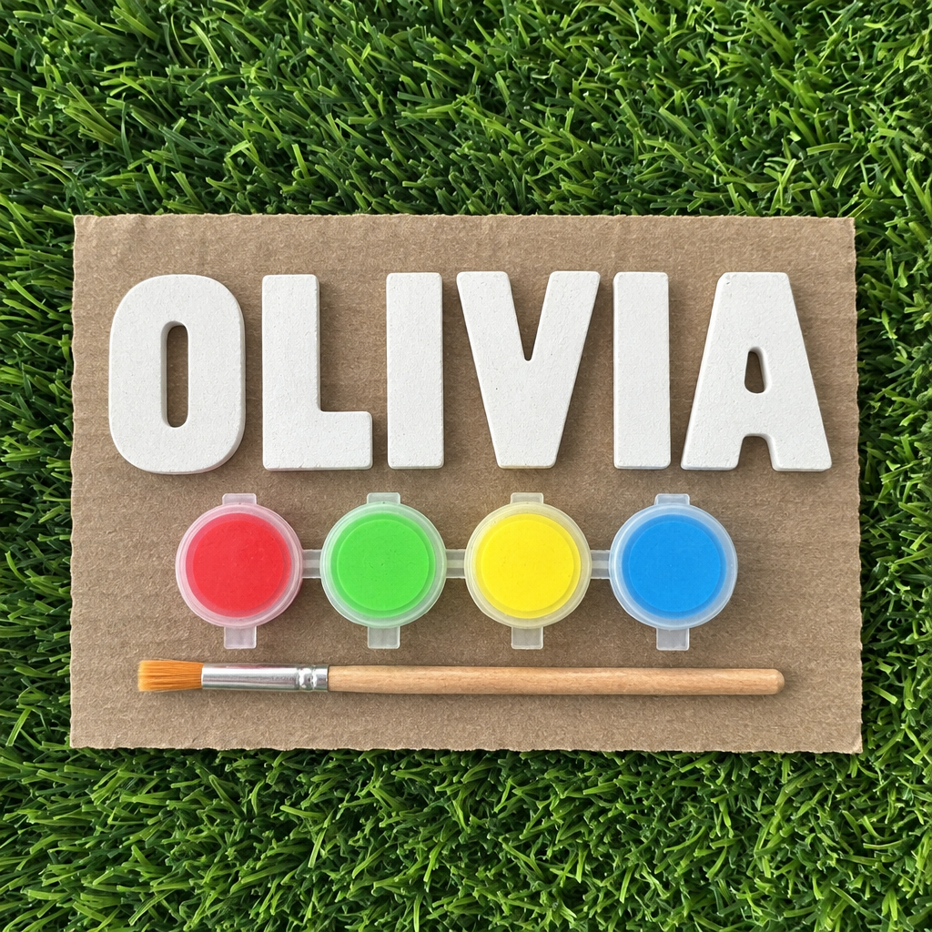 Plaster name kit spelling OLIVIA with four bright paint pots and a brush