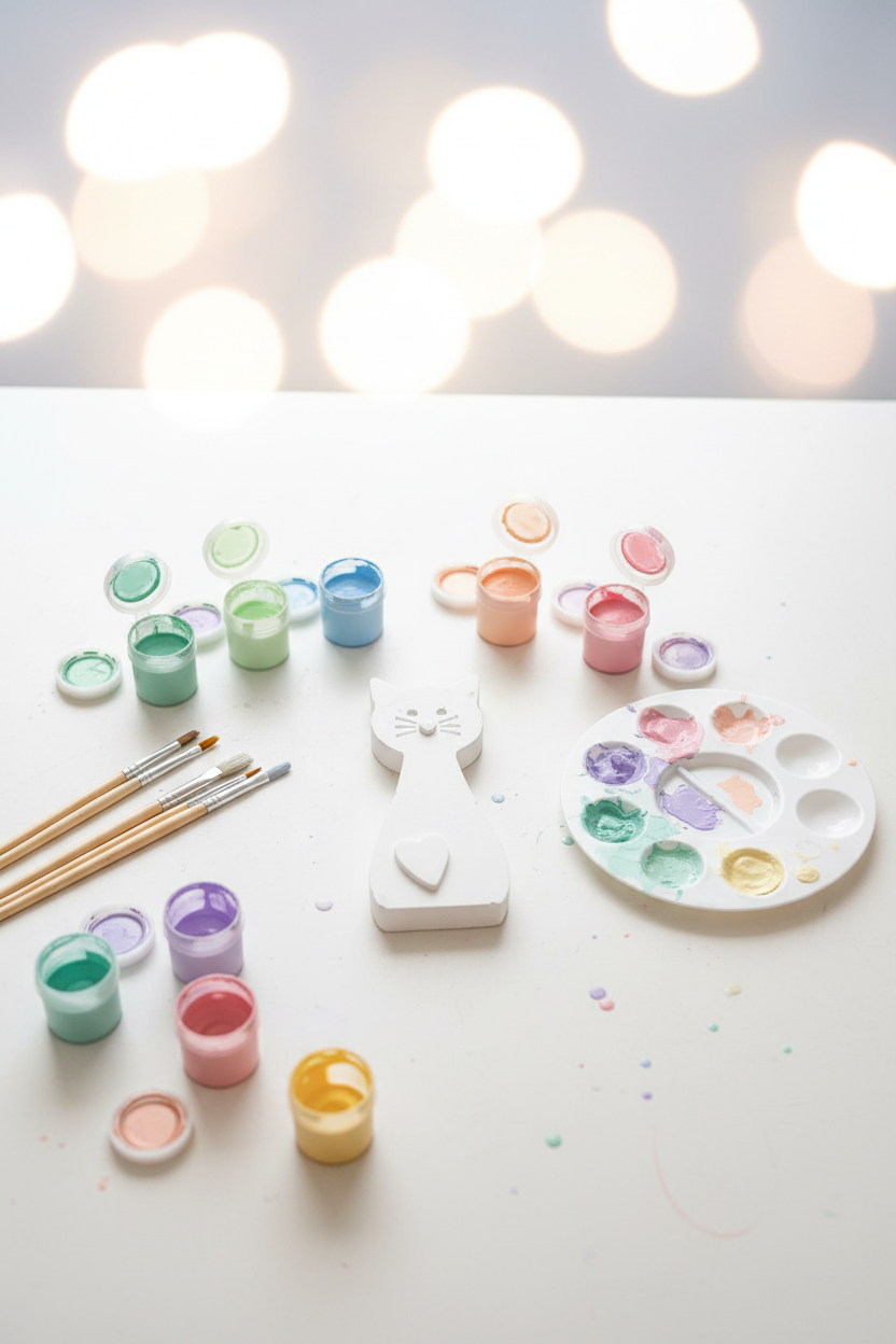 Large cat flat lay with pastel paints