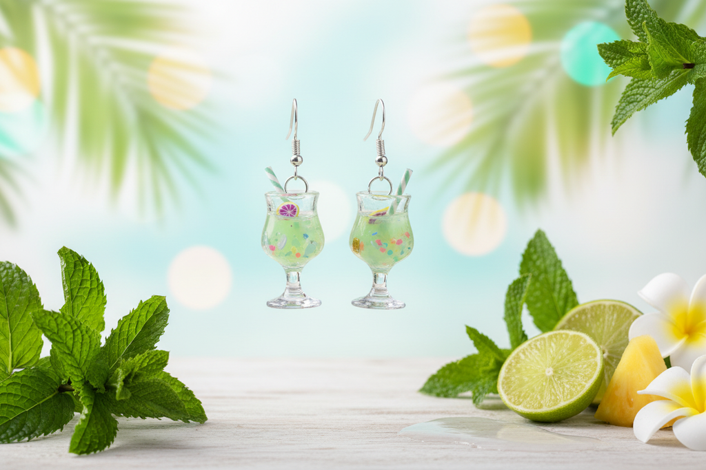 Mint green cocktail earrings with tropical background