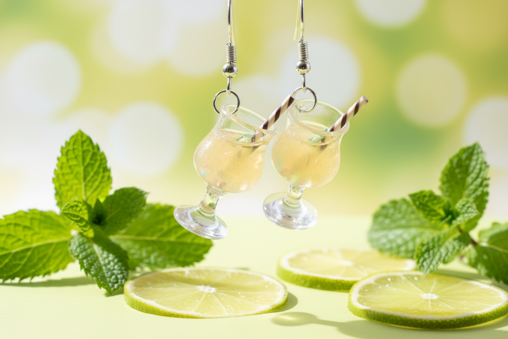 Pale yellow mojito cocktail earrings with fresh background