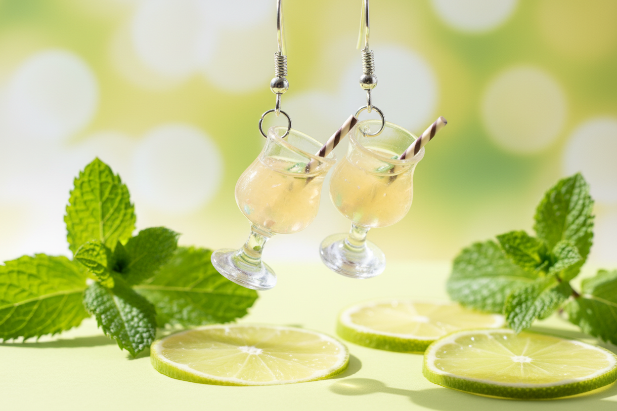 Pale yellow mojito cocktail earrings with fresh background