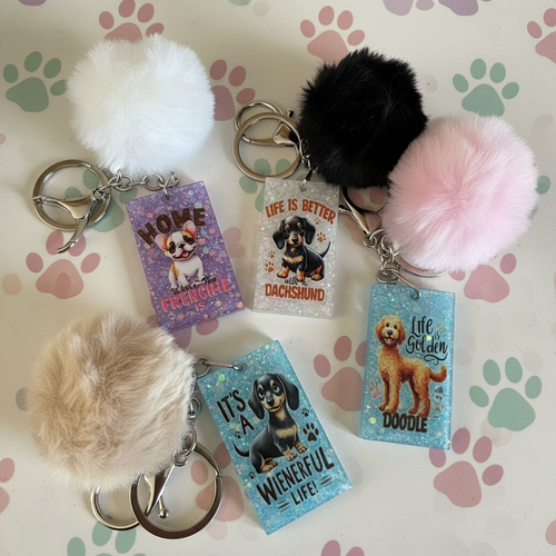 "Handmade dog breed pom pom keyring with glitter resin charm, Australian-made gift for dog lovers"