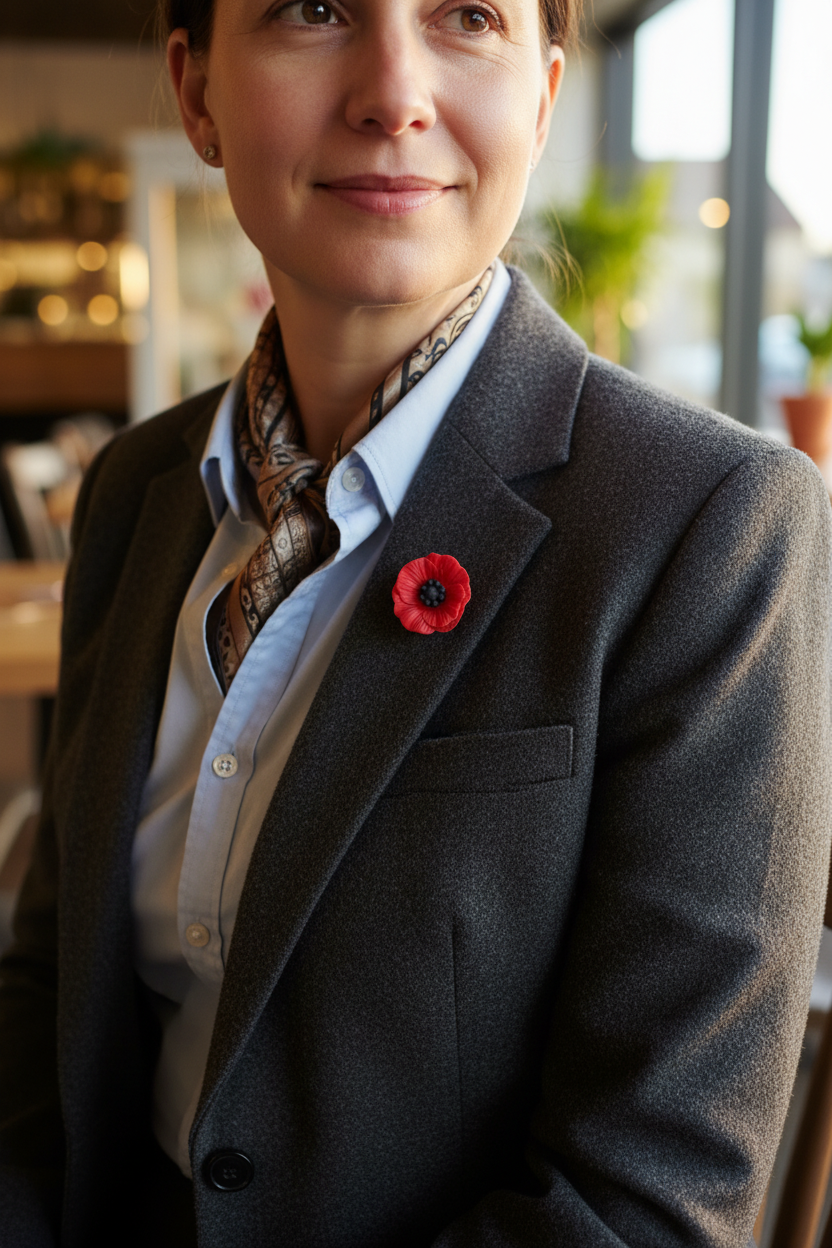 Person wearing jacket with poppy pin
