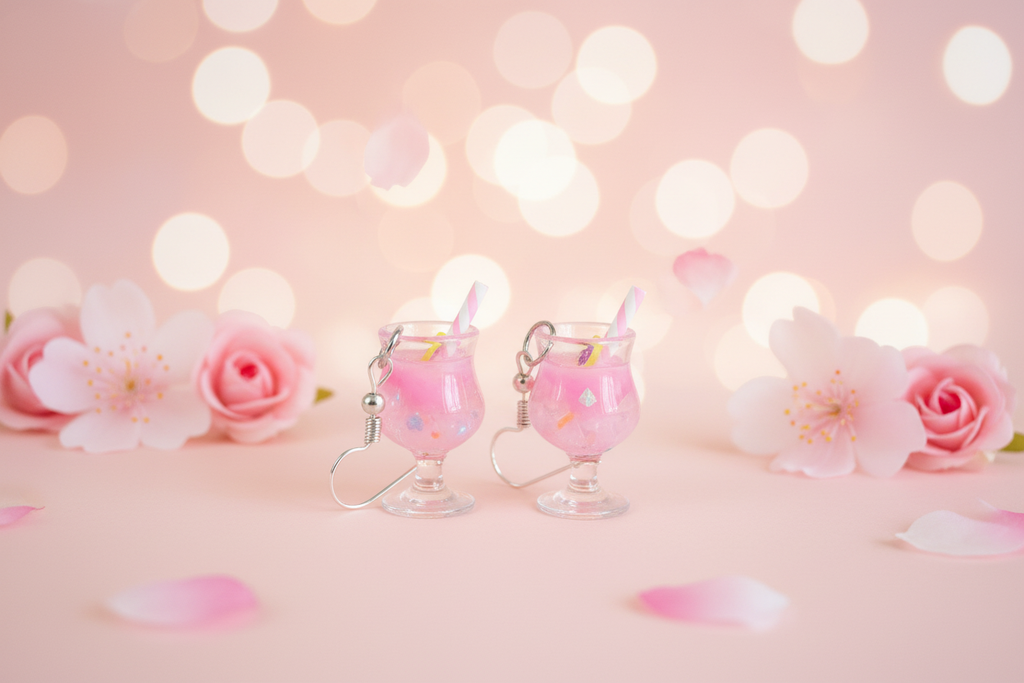 Pink cocktail earrings with complementary background