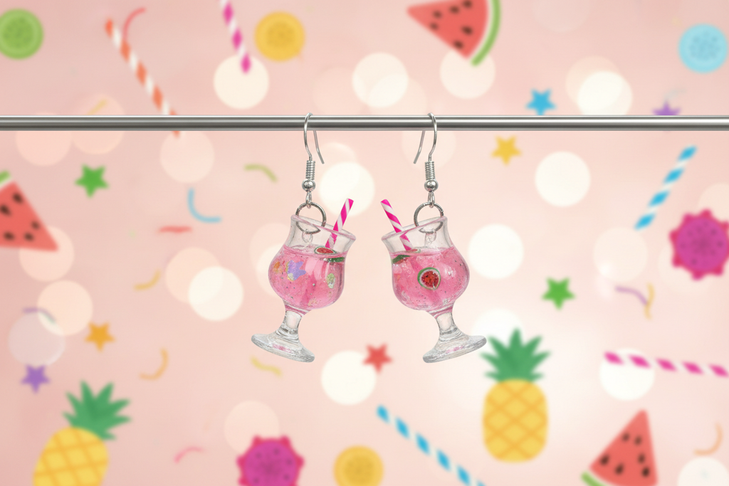 Pink cocktail earrings with festive background