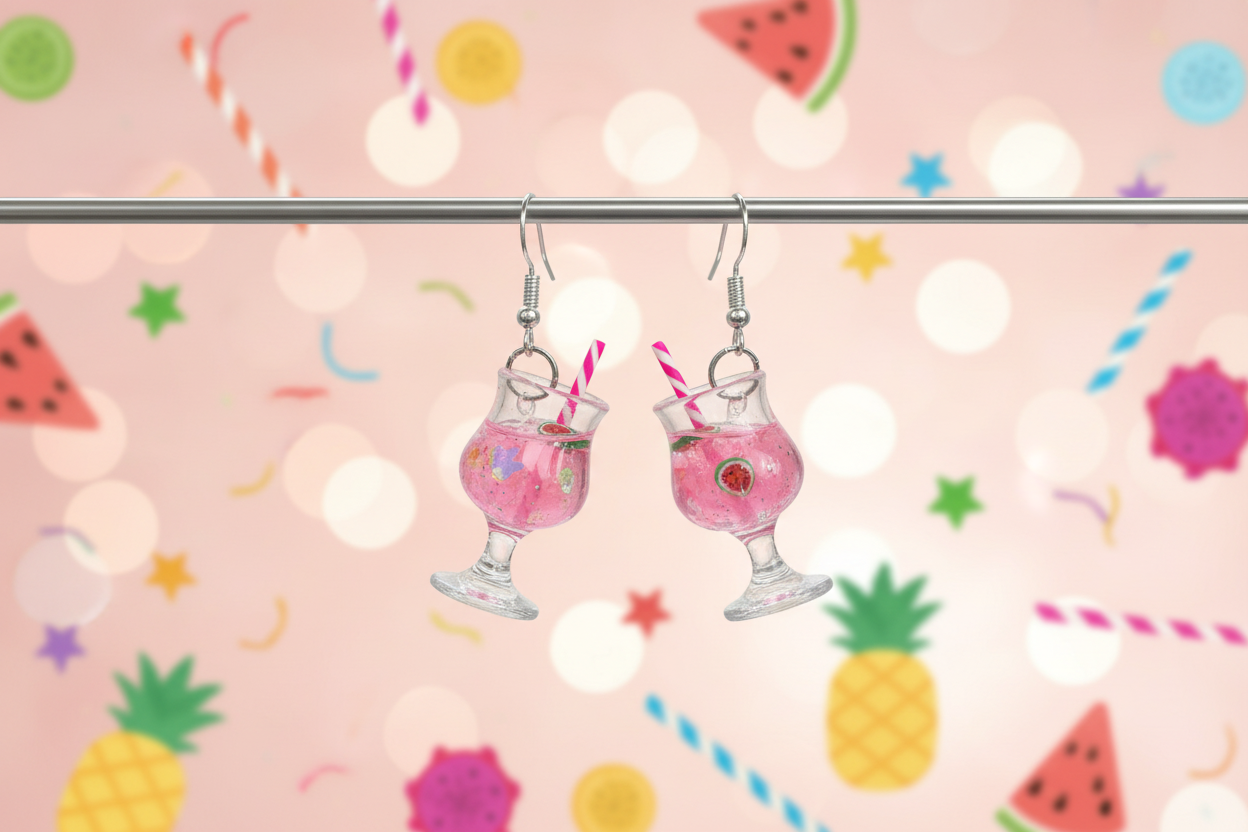 Pink cocktail earrings with festive background