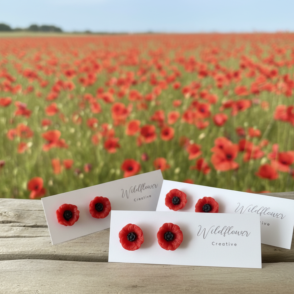 Poppy earrings with poppy field background