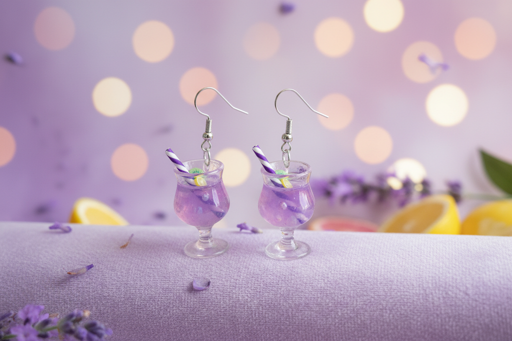 Purple lavender cocktail earrings with complementary background