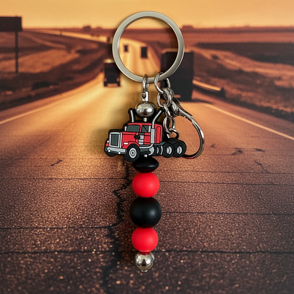 "Handmade truck beaded keyring with colourful silicone and wood beads, Australian-made gift"