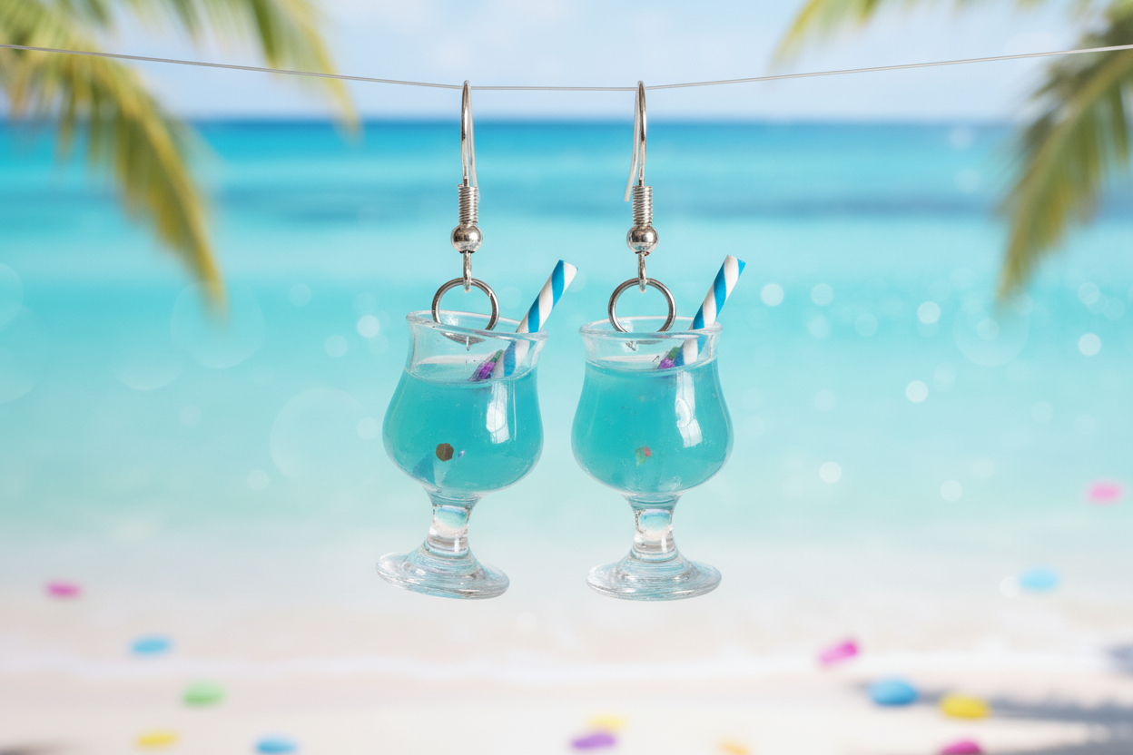 Turquoise blue cocktail earrings with ocean-inspired background