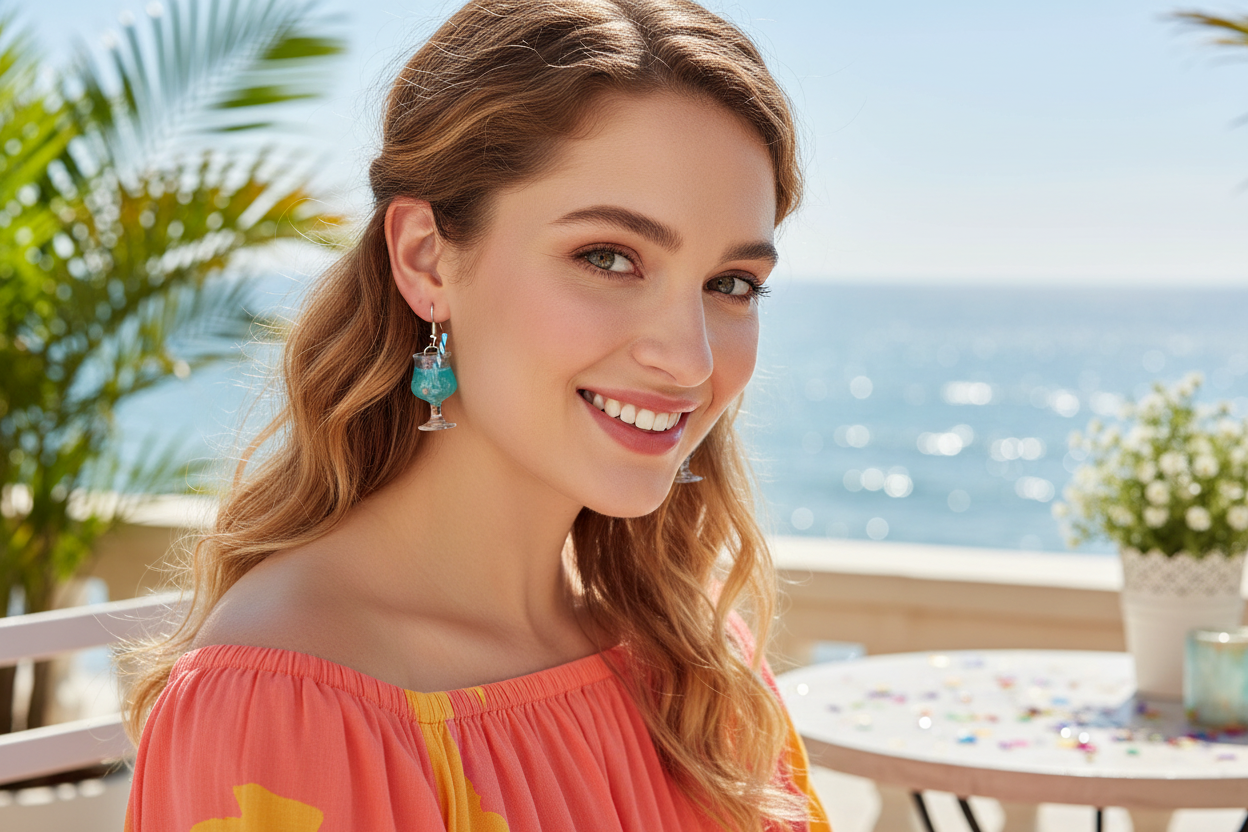 Woman wearing blue cocktail earrings