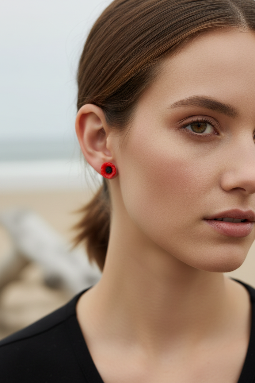 Woman wearing smaller red poppy earrings